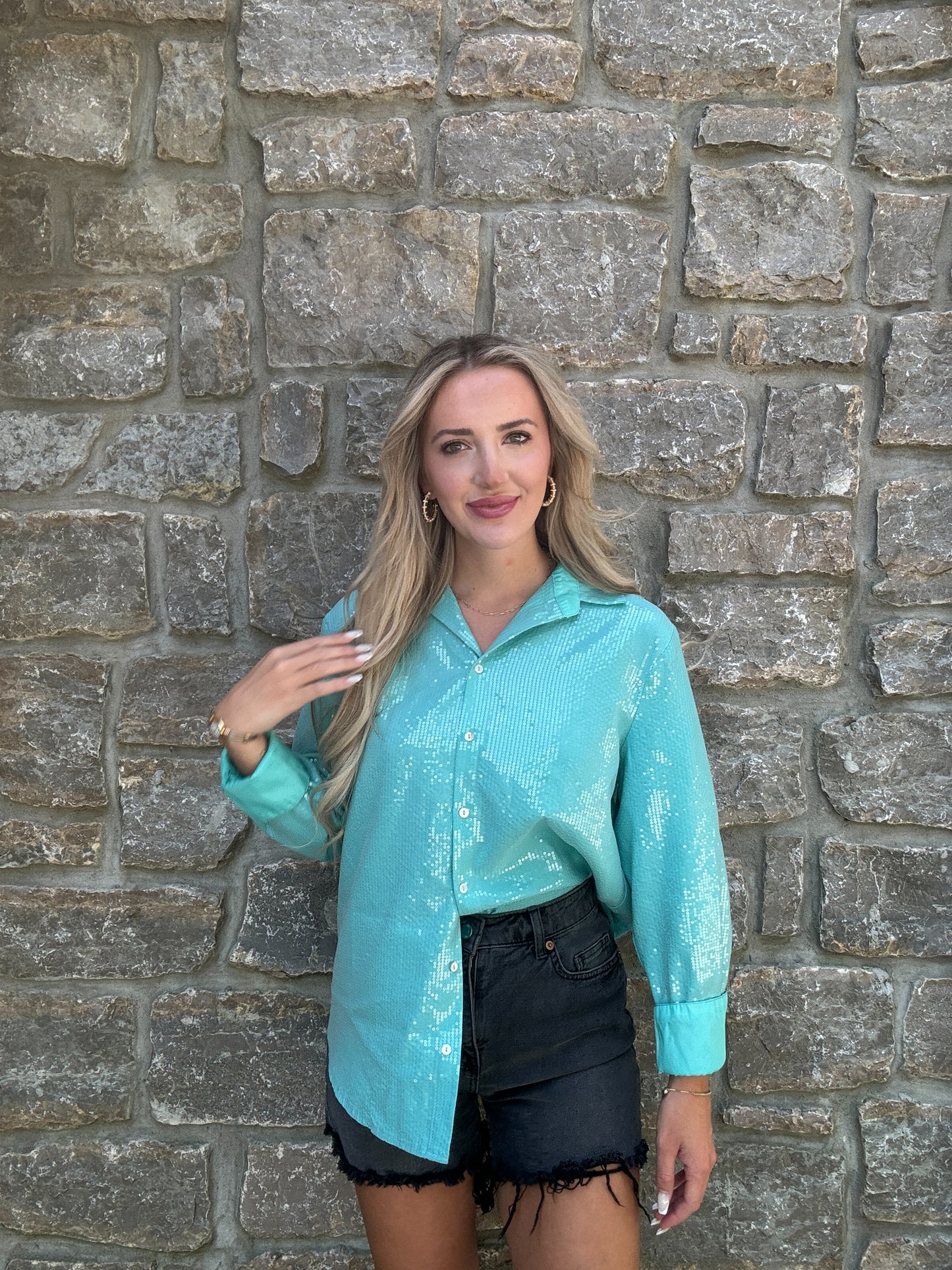 Teal Sparkle Button Down