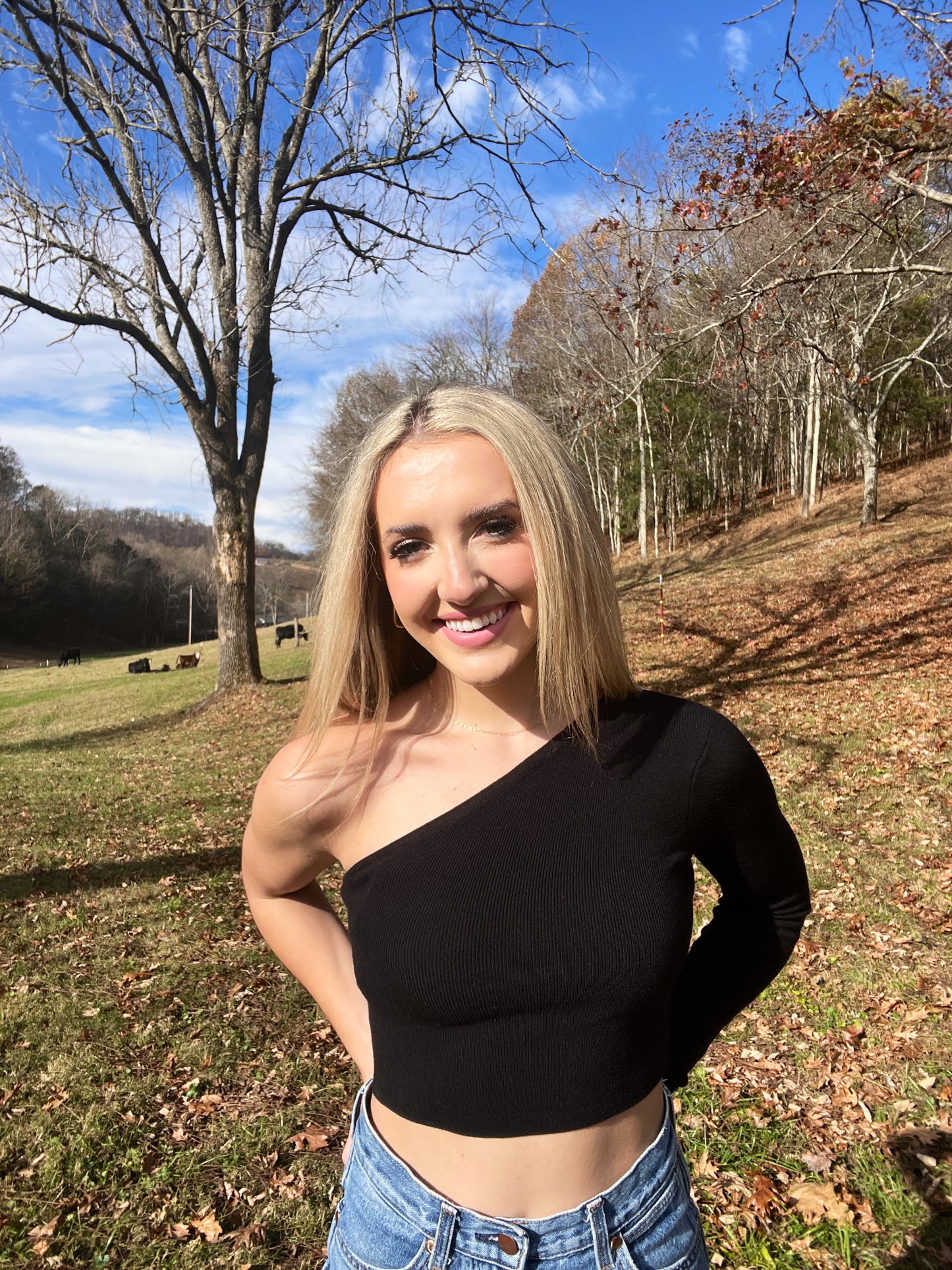 One Shoulder Long Sleeve- BLACK